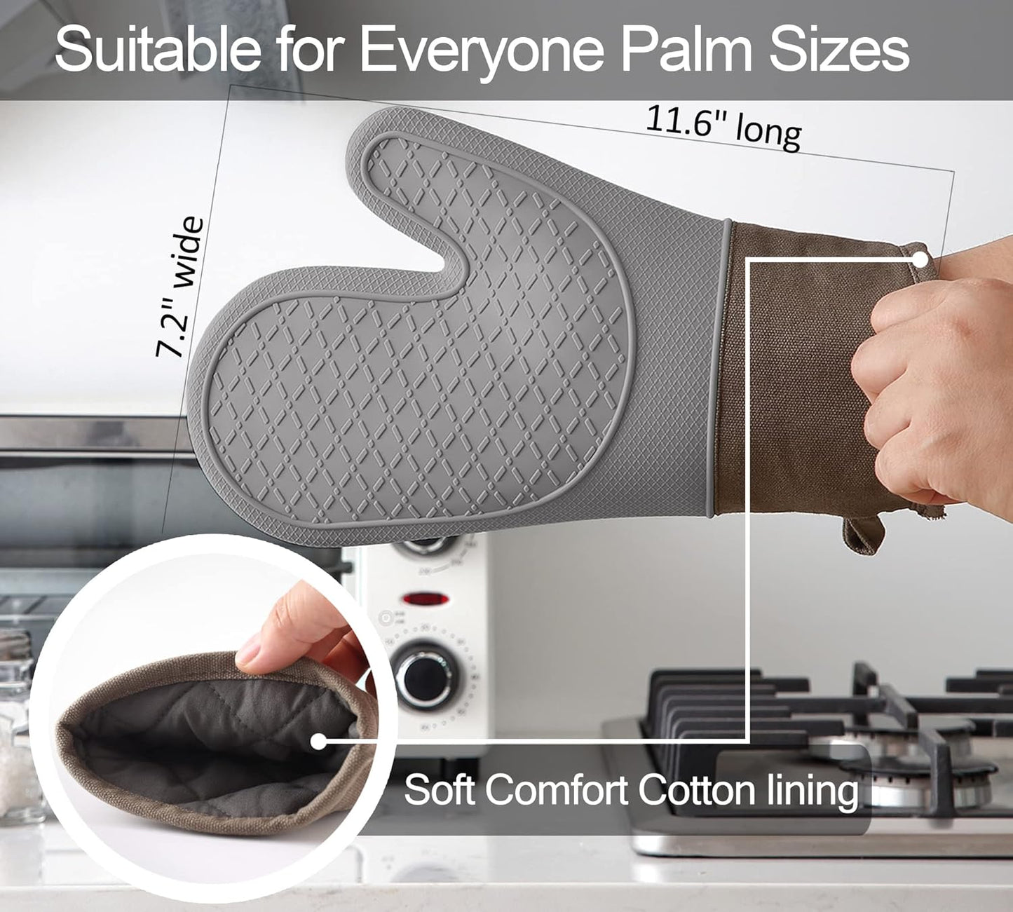 Oven Mitts and Pot Holders Sets, Silicone Oven Mitts Heat Resistant 600F, Oven Mitt Set Soft Lining Good Grip, Oven Gloves and Trivet Mats 4 Piece Set,Grey