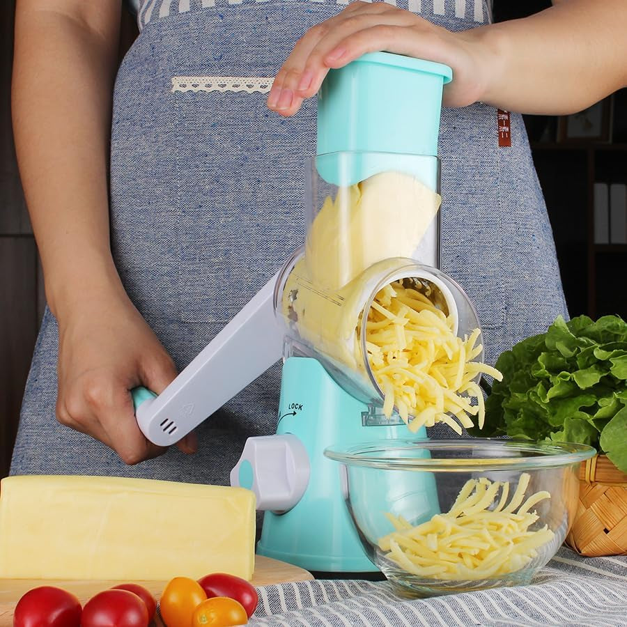 Hand Crank Rotary Cheese Grater & Kitchen Shredder - 3 Drum Blades for Cheese, Vegetables, Nuts, and More - Blue