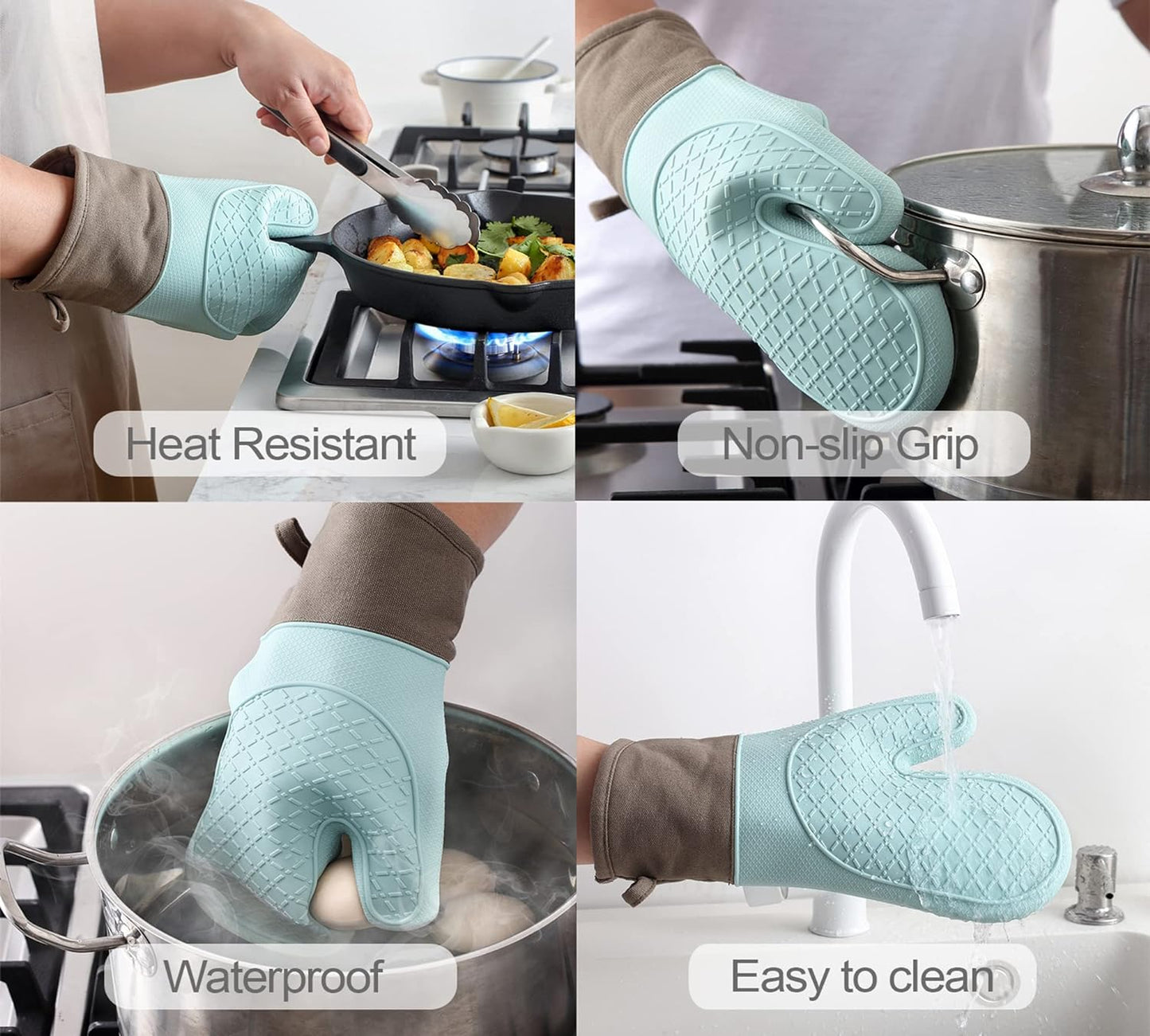 Oven Mitts and Pot Holders Sets, Silicone Oven Mitts Heat Resistant 600F, Oven Mitt Set Soft Lining Good Grip, Oven Gloves and Trivet Mats 4 Piece Set,Grey