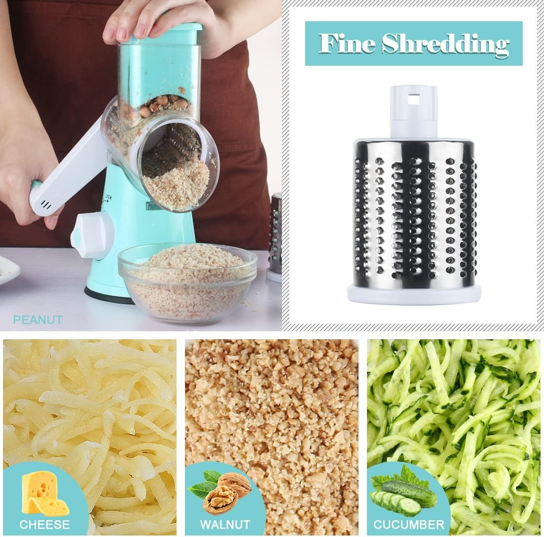 Hand Crank Rotary Cheese Grater & Kitchen Shredder - 3 Drum Blades for Cheese, Vegetables, Nuts, and More - Blue